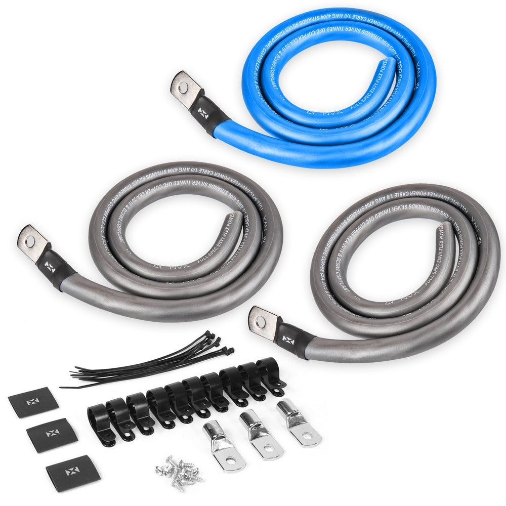 NVX 4-Channel & Mono Amp with Upgrade Kit + Capacitor Includes 4 ch Amp, 1200W Mono Amp, Amp kit, 2ch rca, 4ch rca, Speaker Wire, Big 3 kit, Capacitor