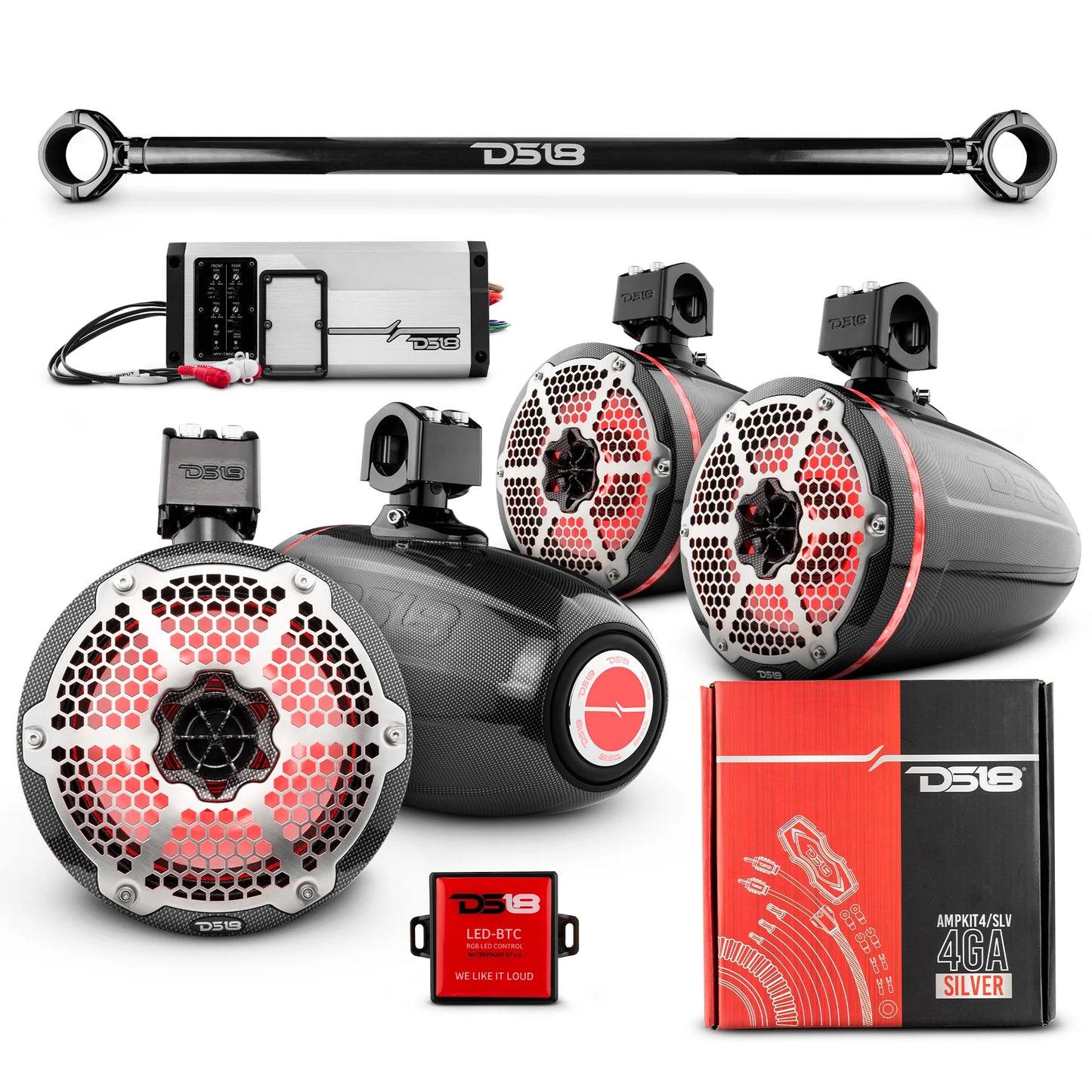 DS18 - JK-TUBE 4x 8" Marine Towers Speakers with RGB LED Lights, 4-Ch Marine amp image 1