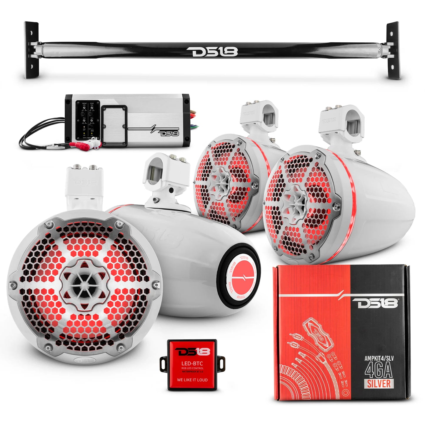 DS18 -JL-TUBE 4x 8" Marine Towers Speakers with RGB LED Lights, 4Ch Marine Amp image 2