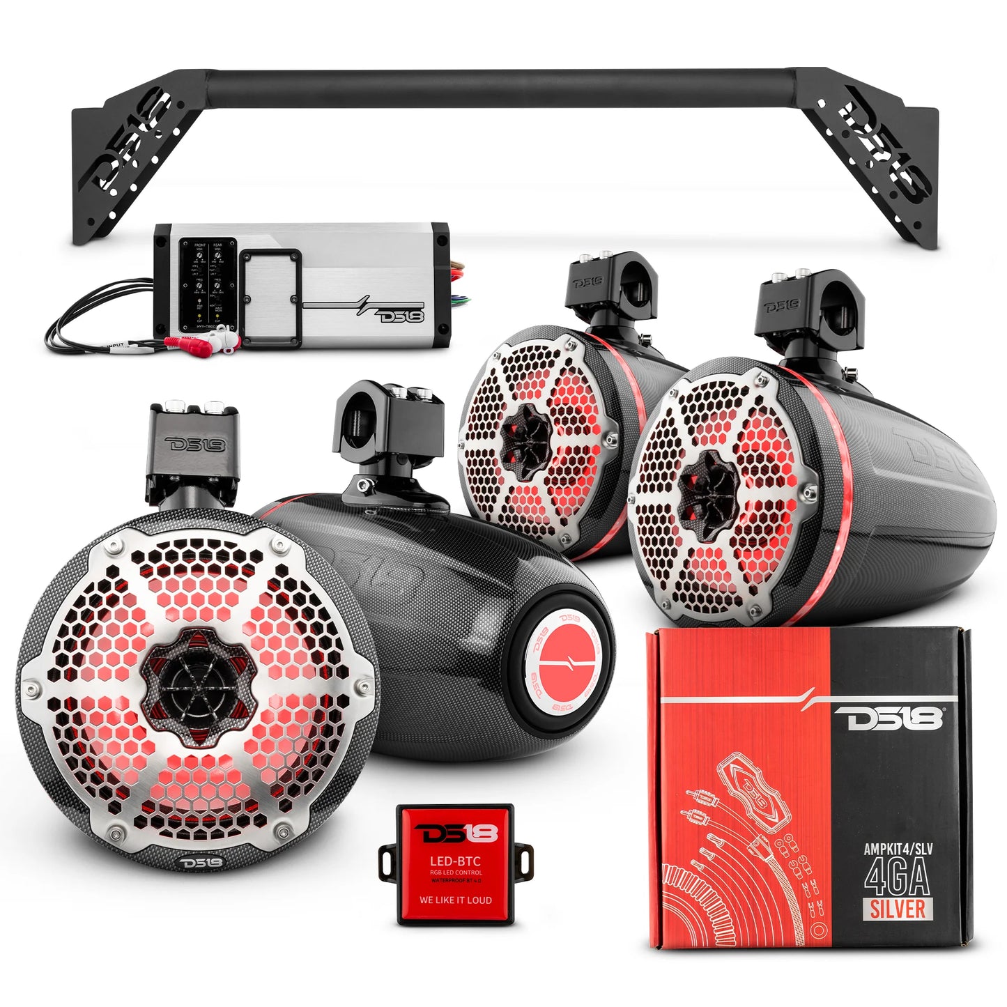 DS18 -JL-TUBEUP 4x 8" Marine Towers Speakers with RGB LED Lights, 4Ch Marine Amp image 1