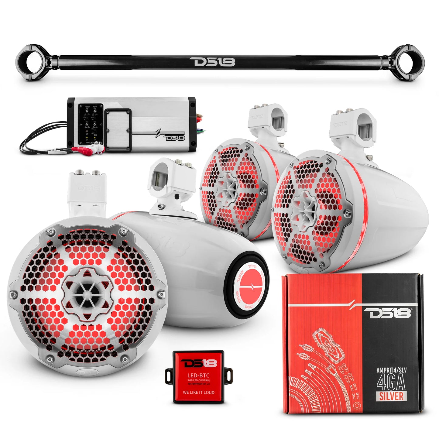 DS18 - JK-TUBE 4x 8" Marine Towers Speakers with RGB LED Lights, 4-Ch Marine amp image 2