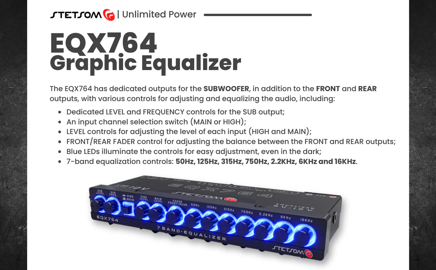 Stetsom EQX764 Graphic Equalizer 7 Band Equalization Modern Blue LED image 6