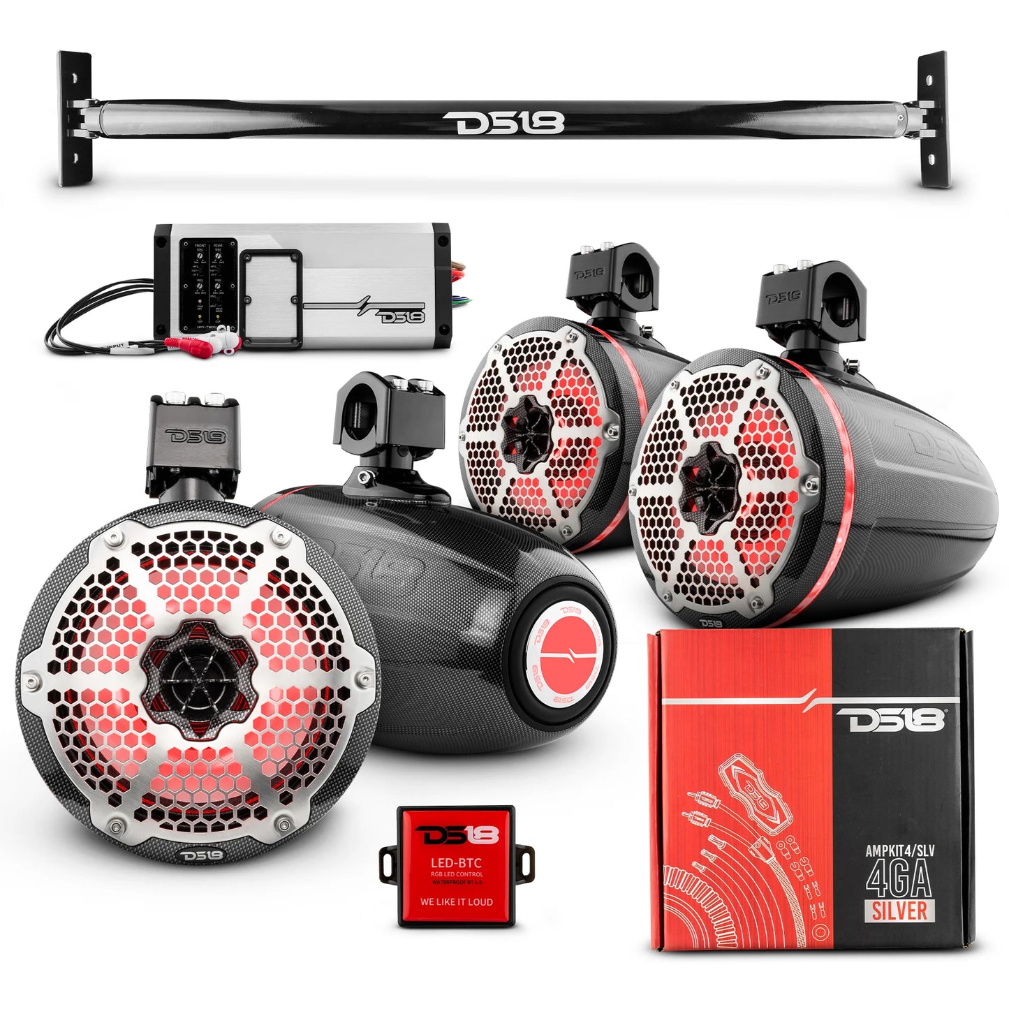 DS18 -JL-TUBE 4x 8" Marine Towers Speakers with RGB LED Lights, 4Ch Marine Amp image 1