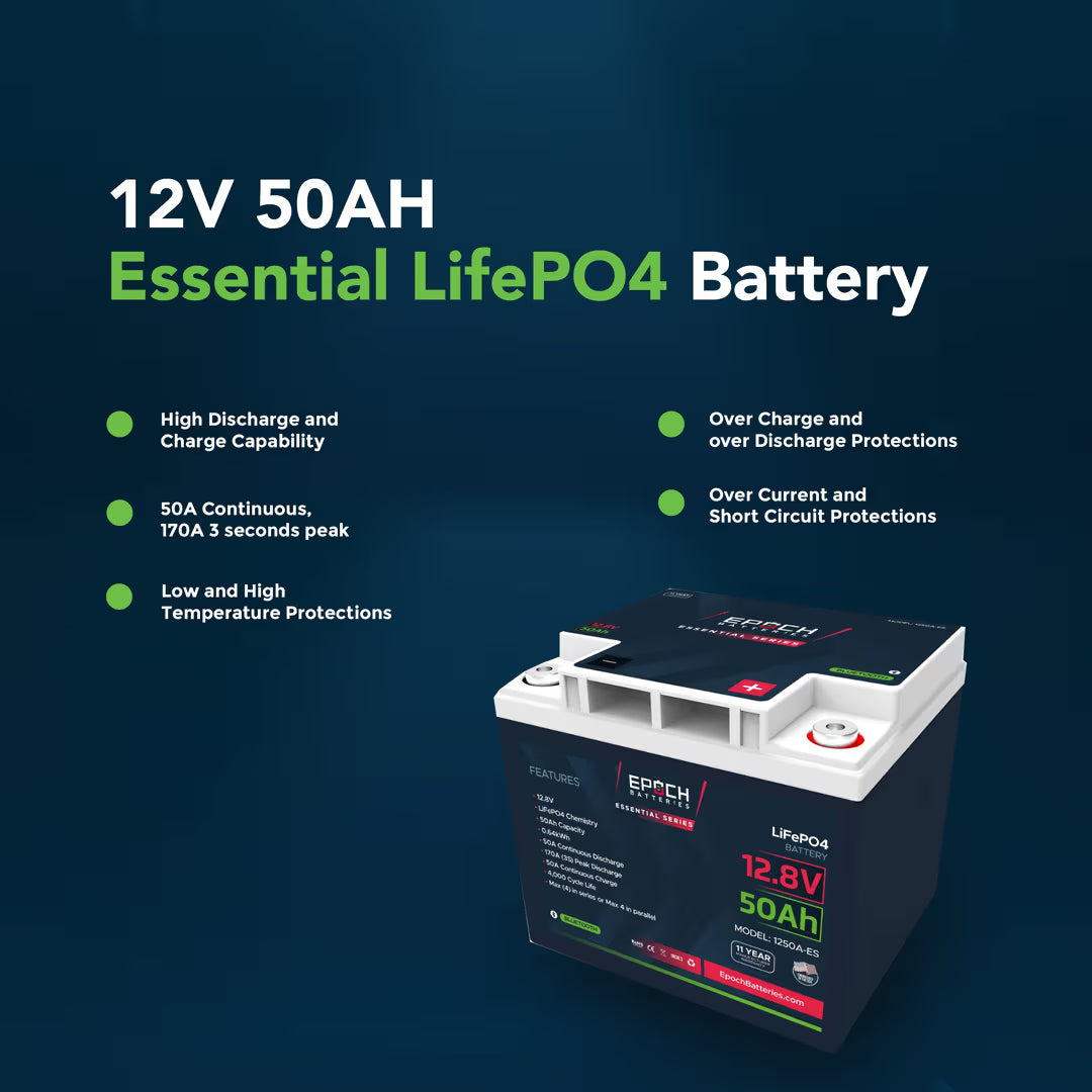 Epoch Batteries - 1250A-ES - 12V 50Ah Essential Series - Bluetooth LiFePO4 Batt image 1