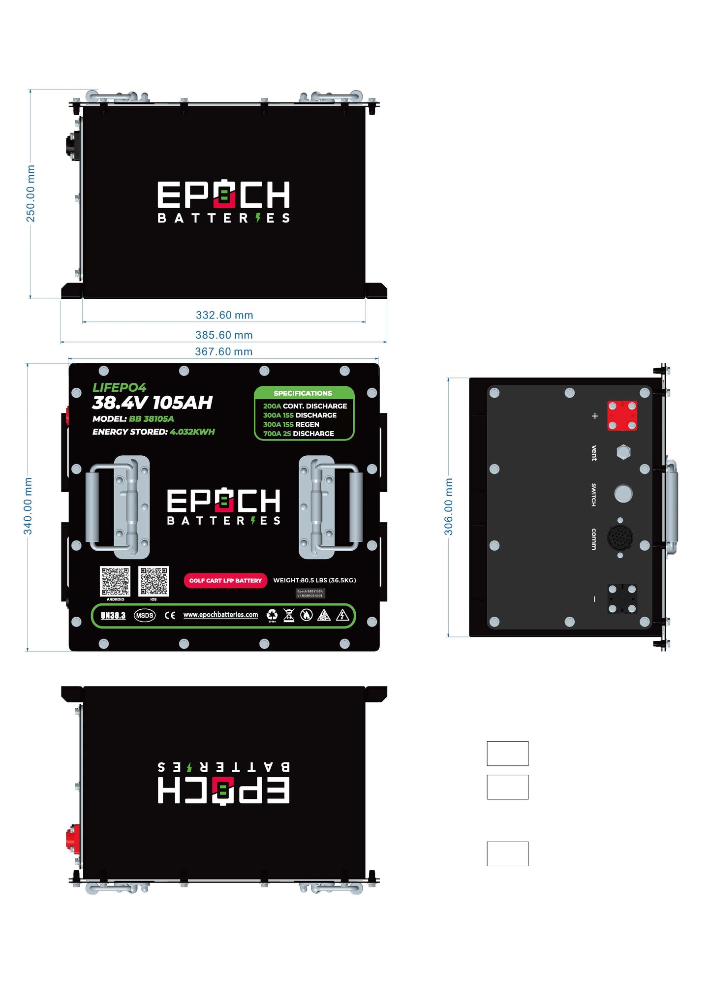 Epoch Batteries -70.4V (72V) 105ah - LiFePO4 Golf Cart Battery - Complete Kit image 5