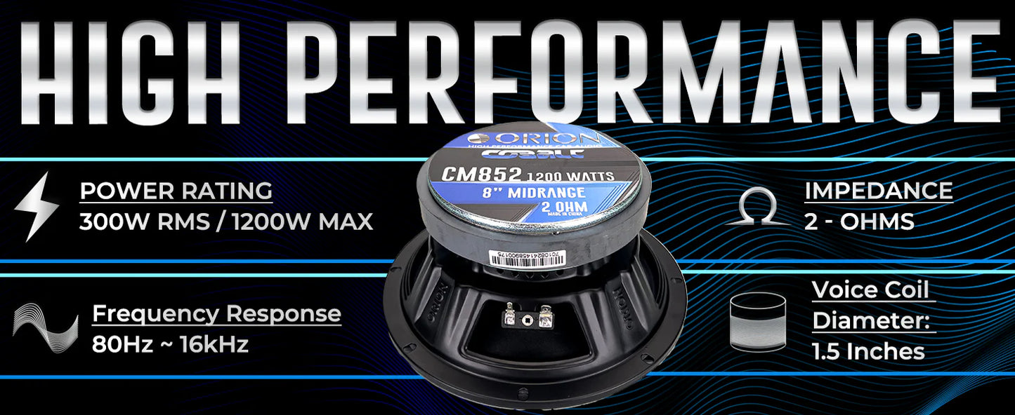 Orion - CM852 8 Inch 2 Ohm Midrange Speaker 300 Watts RMS