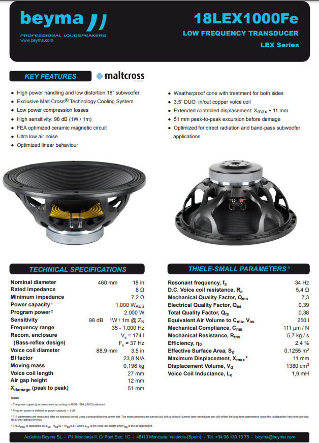 Beyma - 18LEX1000F- 18" SUBWOOFER SPEAKER HANDLES A MASSIVE 1,000w RMS image 2