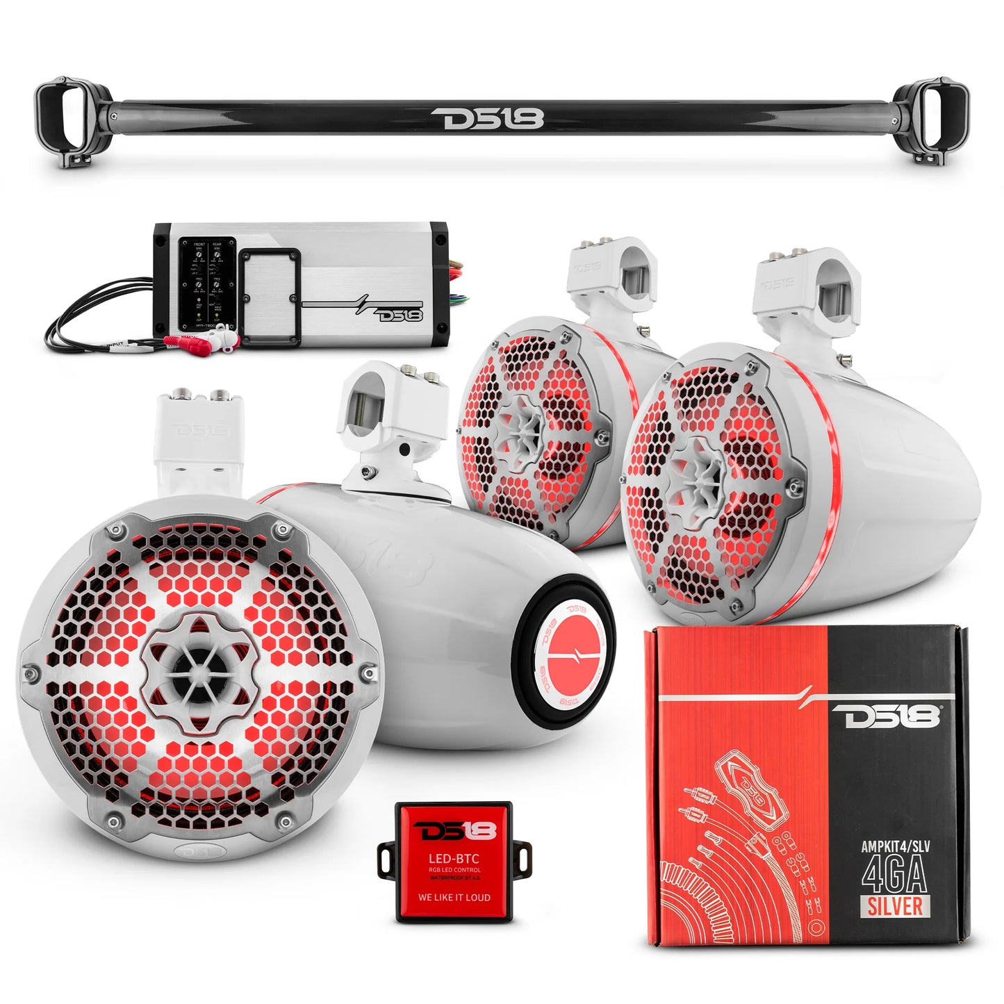 DS18 -BRO-TUBE 4x 8" Marine Towers Speakers with RGB LED Lights, 4-Ch Marine amp image 3
