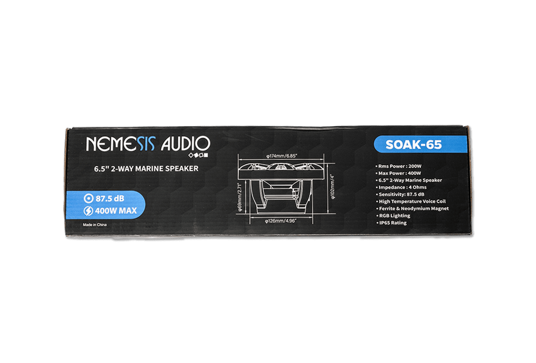 Nemesis Audio - SOAK-65 - 6.5″ 2-way marine (boat) speakers, 200W RMS / 400W peak. IP65 water-resistant with RGB lights.