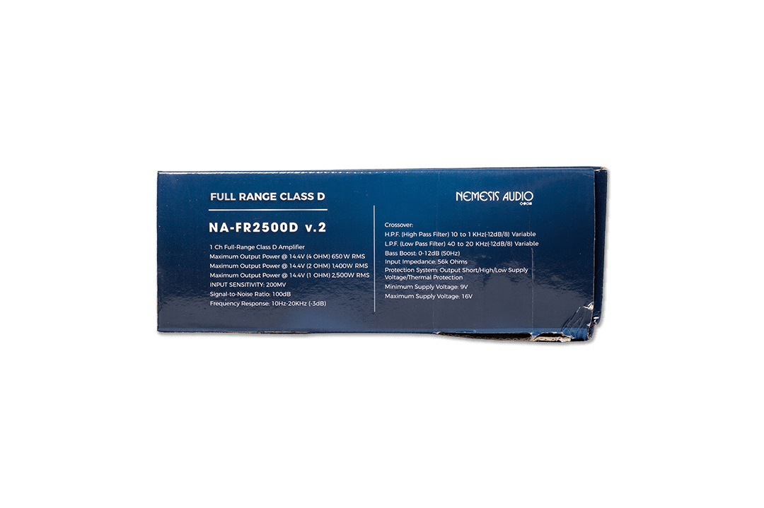 Nemesis Audio - NA-FR2500D v.2 1 channel full-range compact Class D amp, 2500W RMS @1-Ohm. Full crossover control and advanced protection.