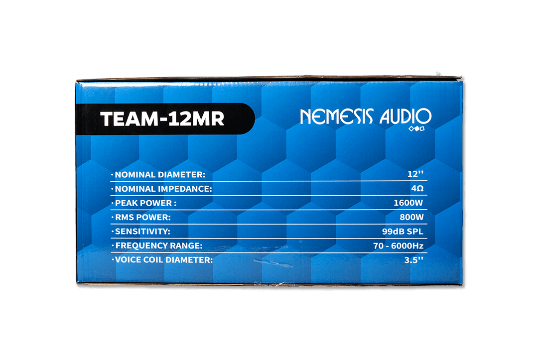Nemesis Audio - TEAM-12MR - 12″ midrange speaker, 800W, 4-Ohm, 99dB sensitivity, 3.5″ voice coil, competition-ready. Built for extreme loudness and reliability.