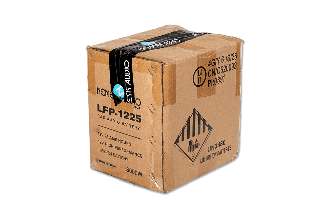 Nemesis Audio | LFP-1225 | 12V | 25Ah | LiFePO4 battery, 3000W rating. Compact, lightweight, UN3480 certified power source.
