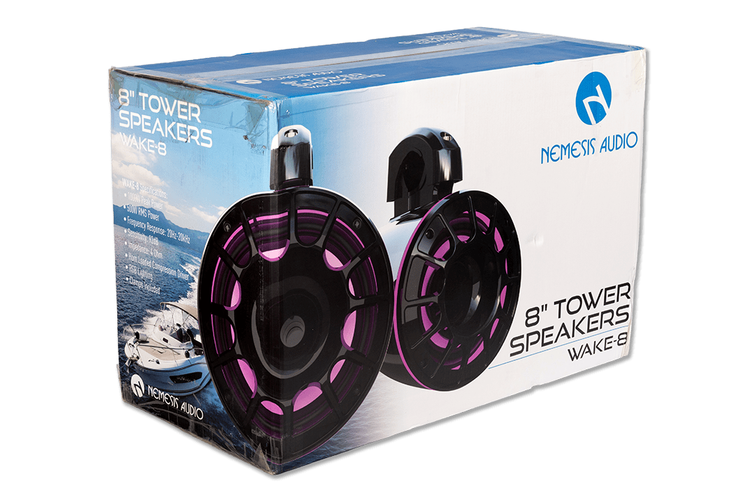 Nemesis Audio - WAKE-8 - 8″ marine (boat) tower speakers, 500W RMS / 1000W peak. RGB lighting and horn-loaded driver.
