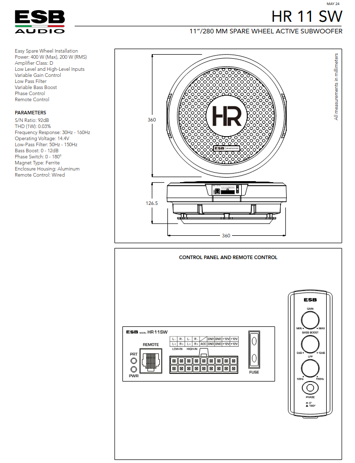 ESB Audio | HR 11 SW | 11"/260 mm Active Spare Tire Subwoofer