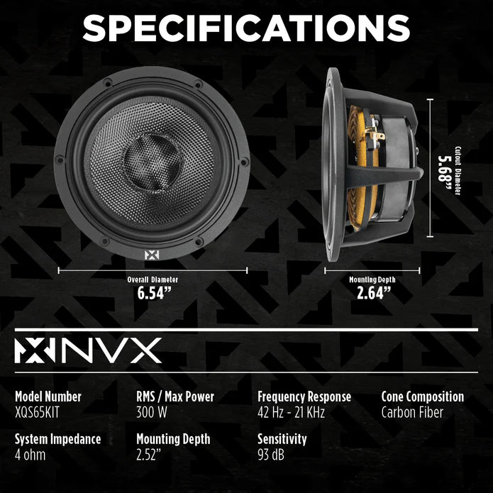 NVX - NXQS653KIT 700W Peak (350W RMS) 6.5" X-Series 3-Way Component Speaker System with Carbon Fiber Cones and 30mm Silk Dome Tweeters