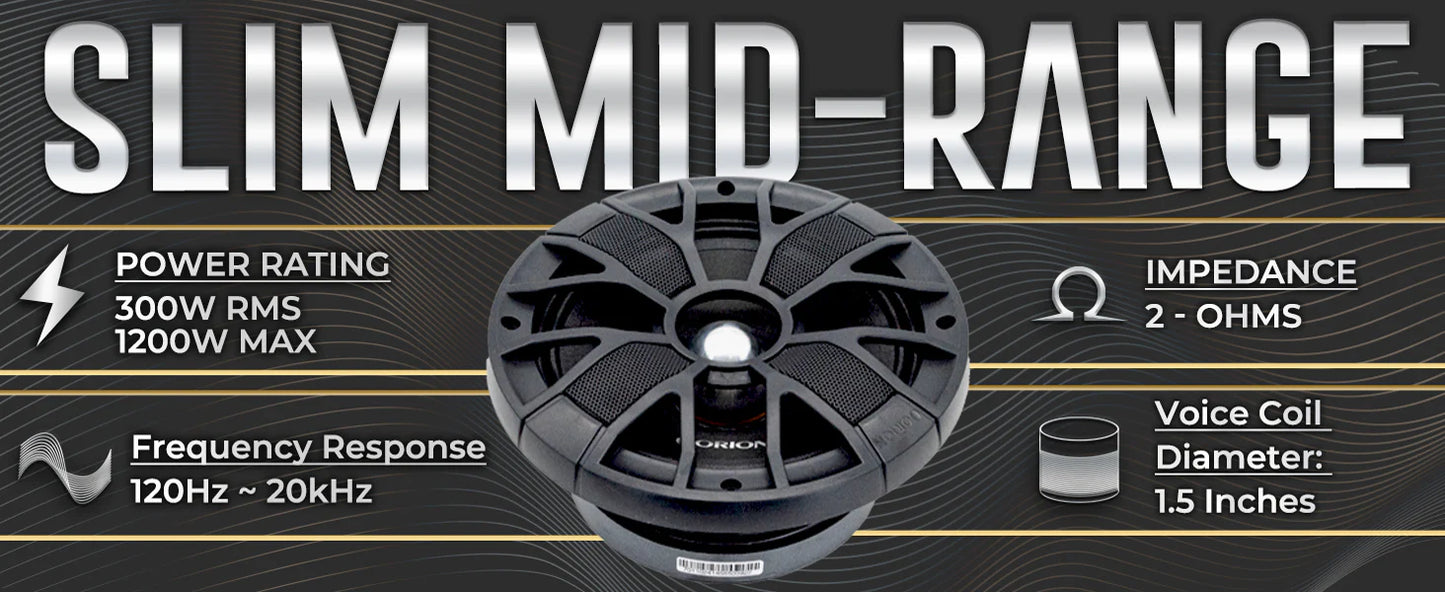 Orion - 6.5" 2 Ohm 300w RMS Slim Ultra Efficient Midrange Speakers