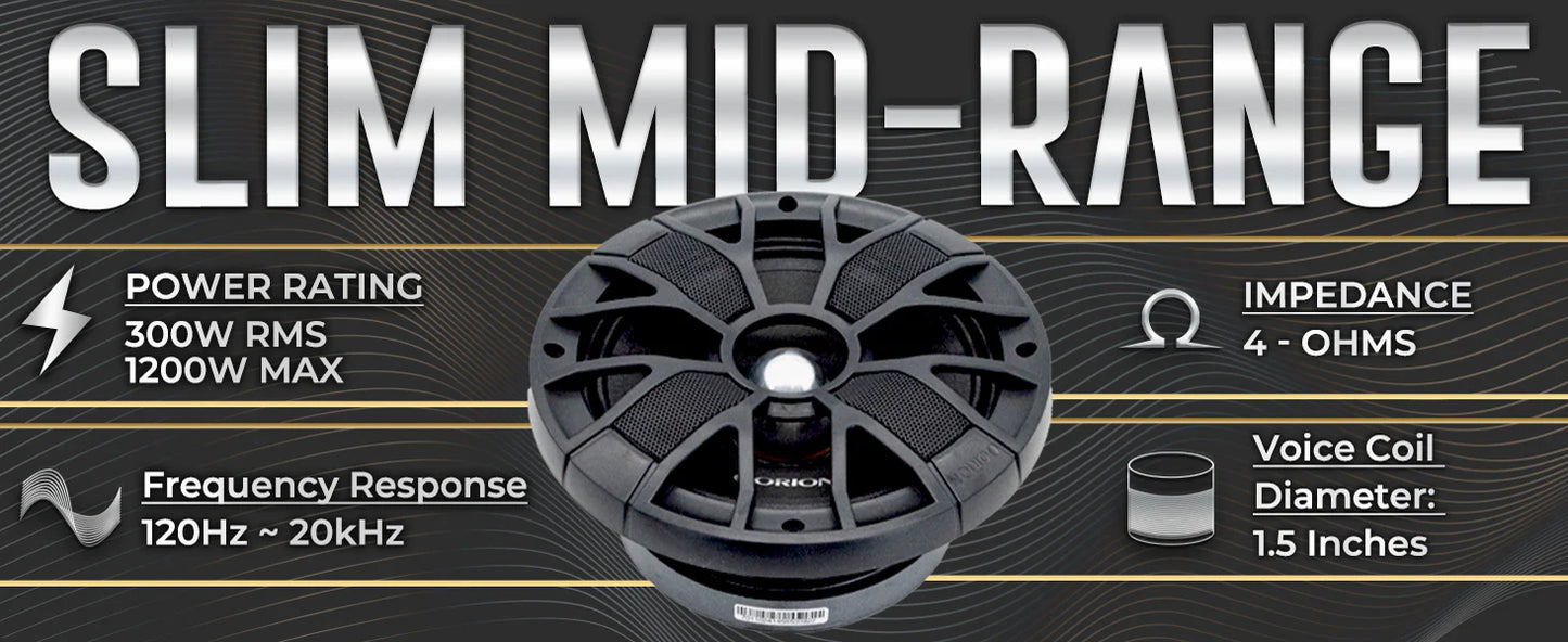 Orion - 6.5" 4 Ohm 300w RMS Slim Ultra Efficient Midrange Speakers
