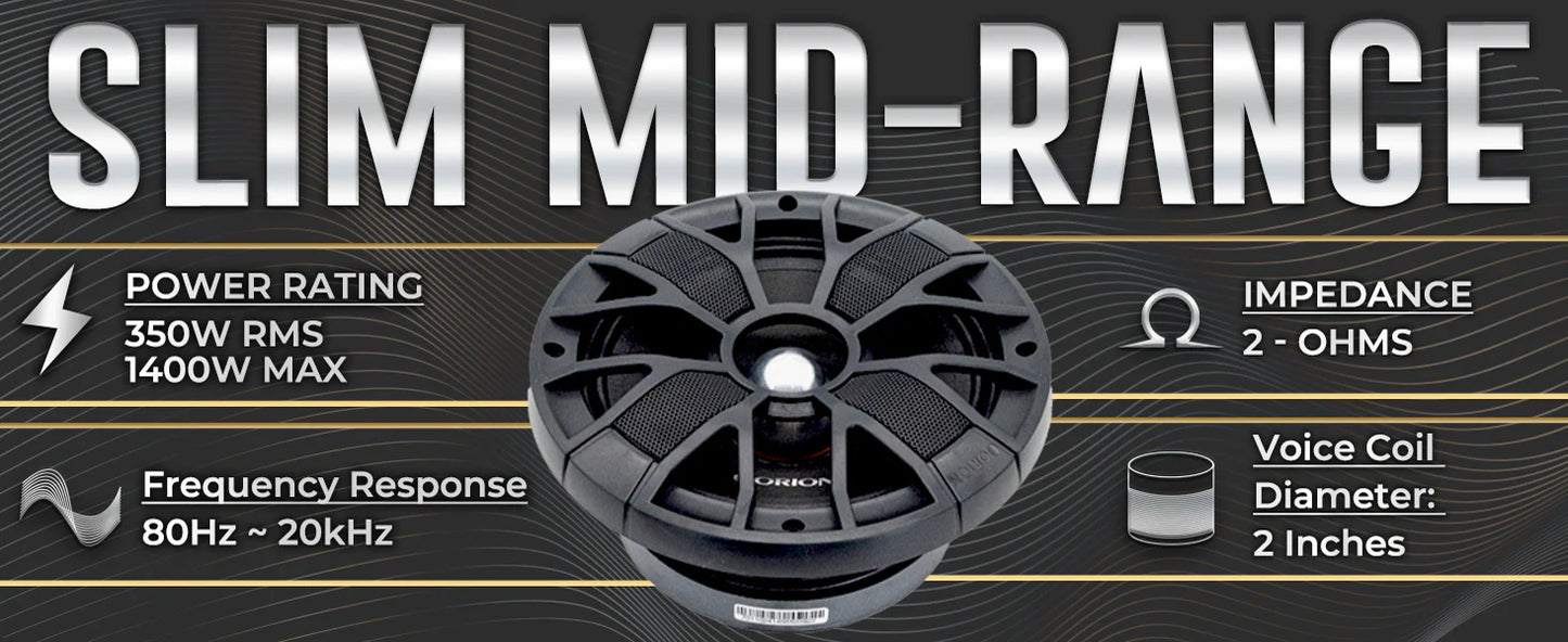 Orion - 8" 2 Ohm 350w RMS Slim Ultra Efficient Midrange Speakers