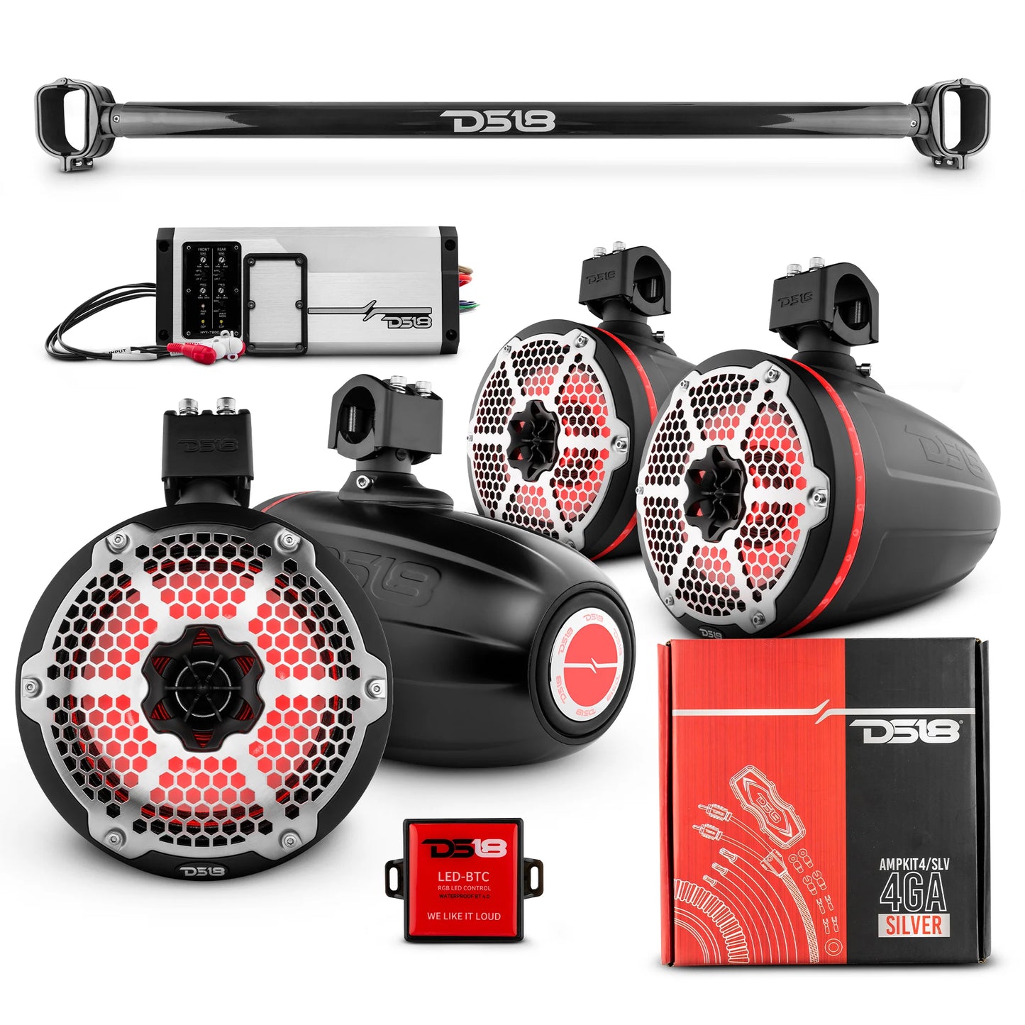 DS18 -BRO-TUBE 4x 8" Marine Towers Speakers with RGB LED Lights, 4-Ch Marine amp image 2