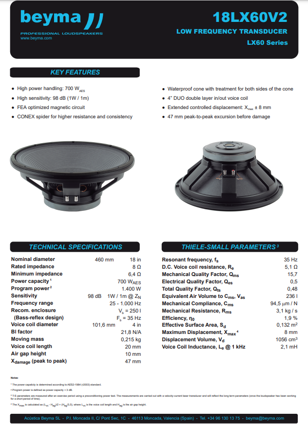 Beyma - 18LX60v2 - SPEAKER HANDLES 700 WATTS RMS image 1