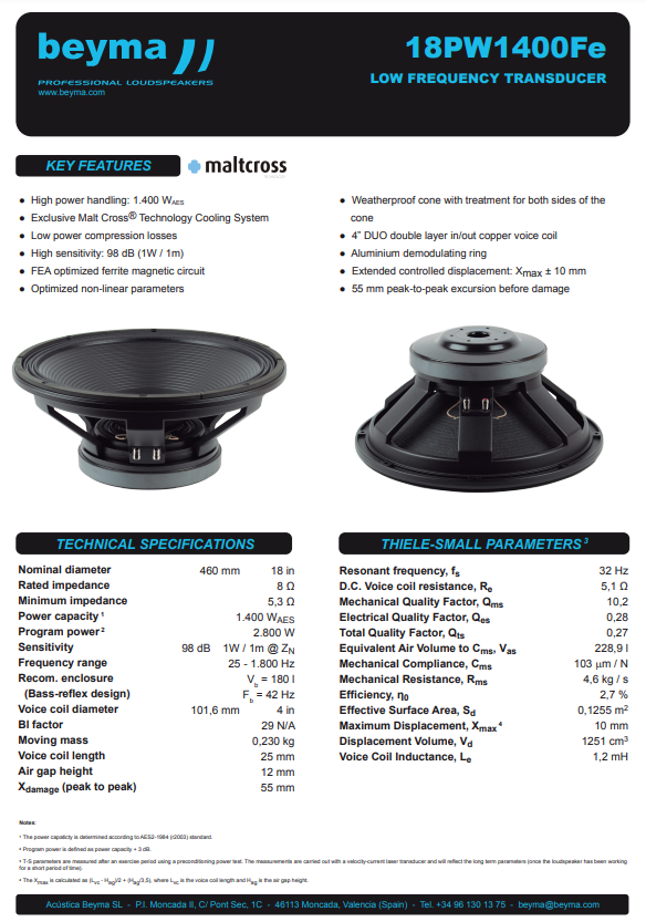 Beyma - 18PW1400FE-4 - 18" Low & Mid Frequency - 4 ohm image 1