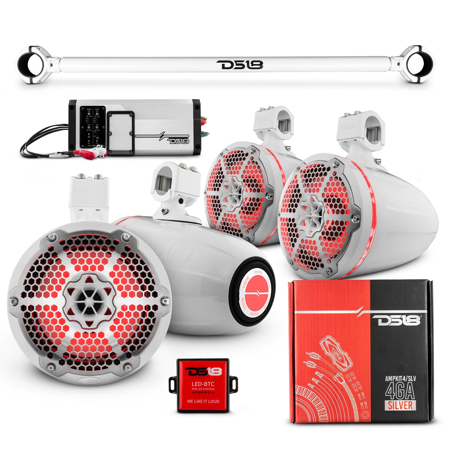 DS18 - JK-TUBE 4x 8" Marine Towers Speakers with RGB LED Lights, 4-Ch Marine amp image 6