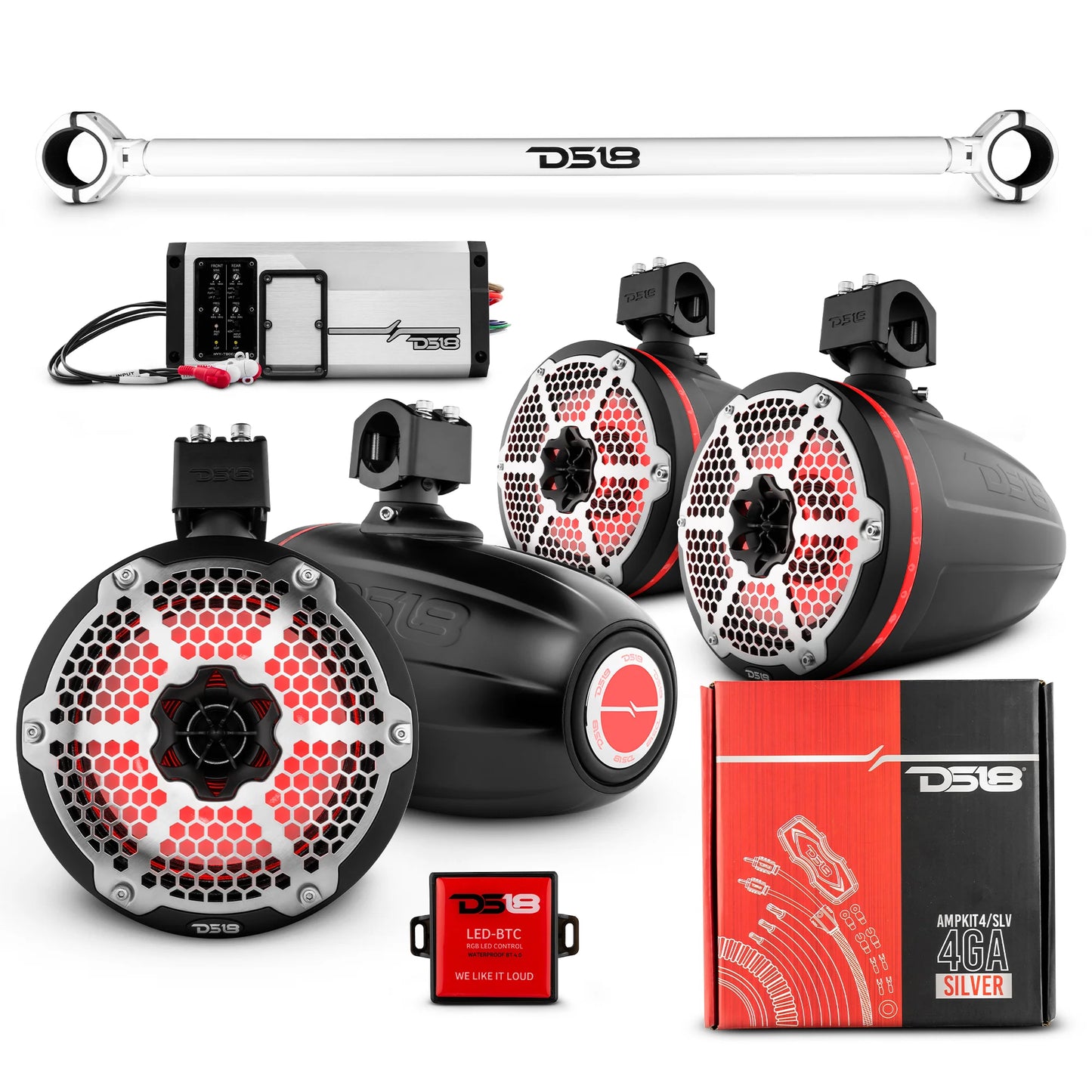 DS18 - JK-TUBE 4x 8" Marine Towers Speakers with RGB LED Lights, 4-Ch Marine amp image 4