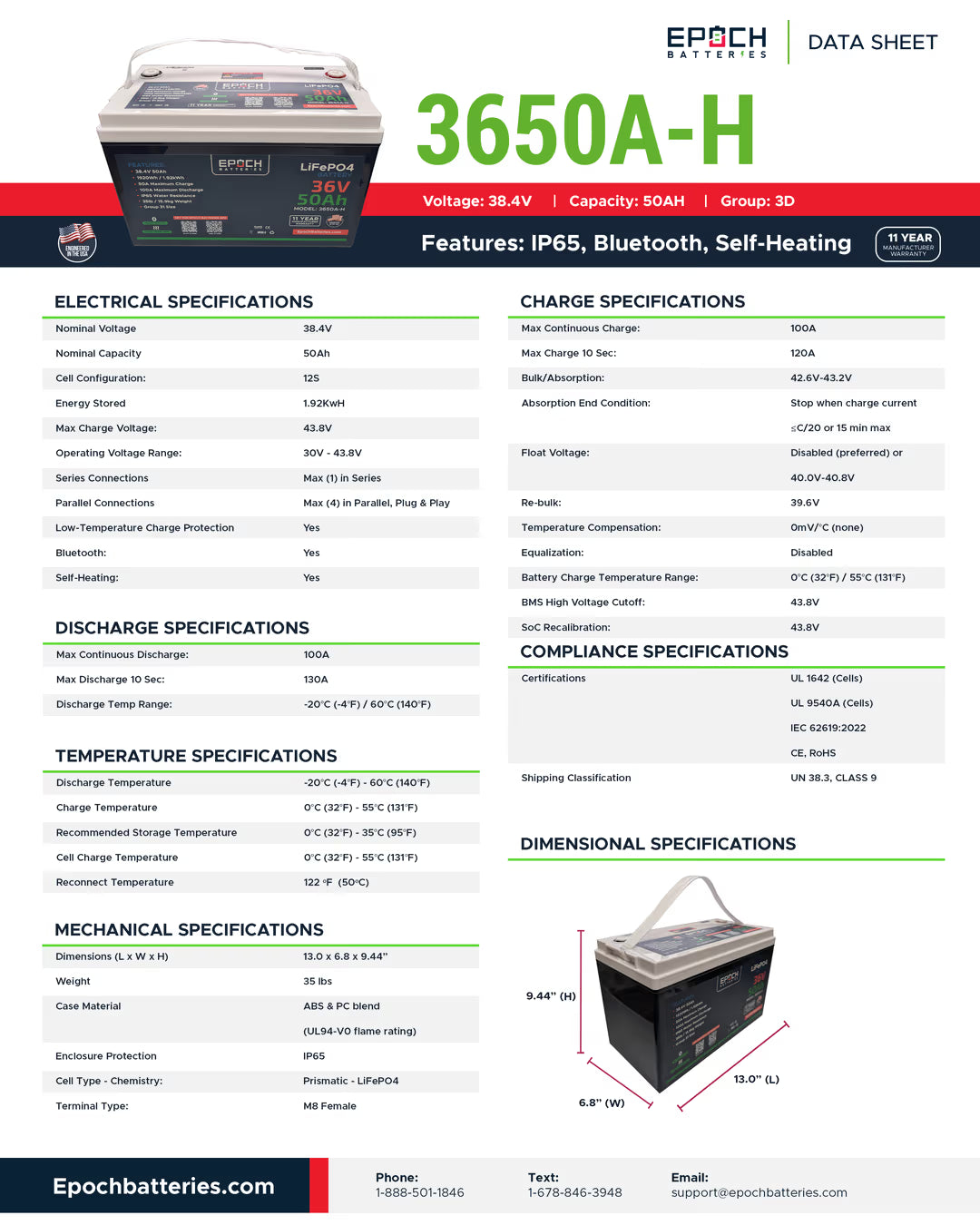 Epoch Batteries - 36V 50Ah Essential Series - Bluetooth & Heated LiFePO4 Battery