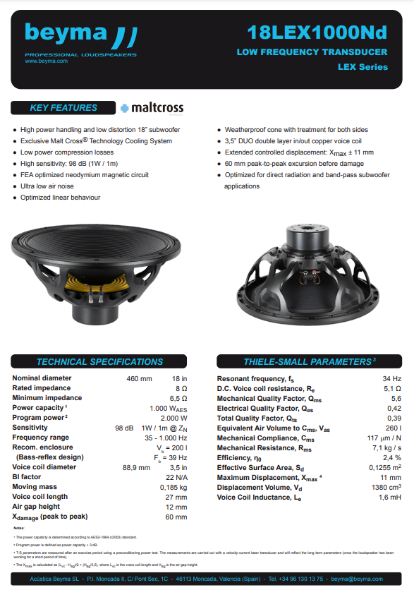 Beyma - 18LEX1000Nd- 8" SUBWOOFER SPEAKER HANDLES A MASSIVE 1,000 WATTS RMS image 2