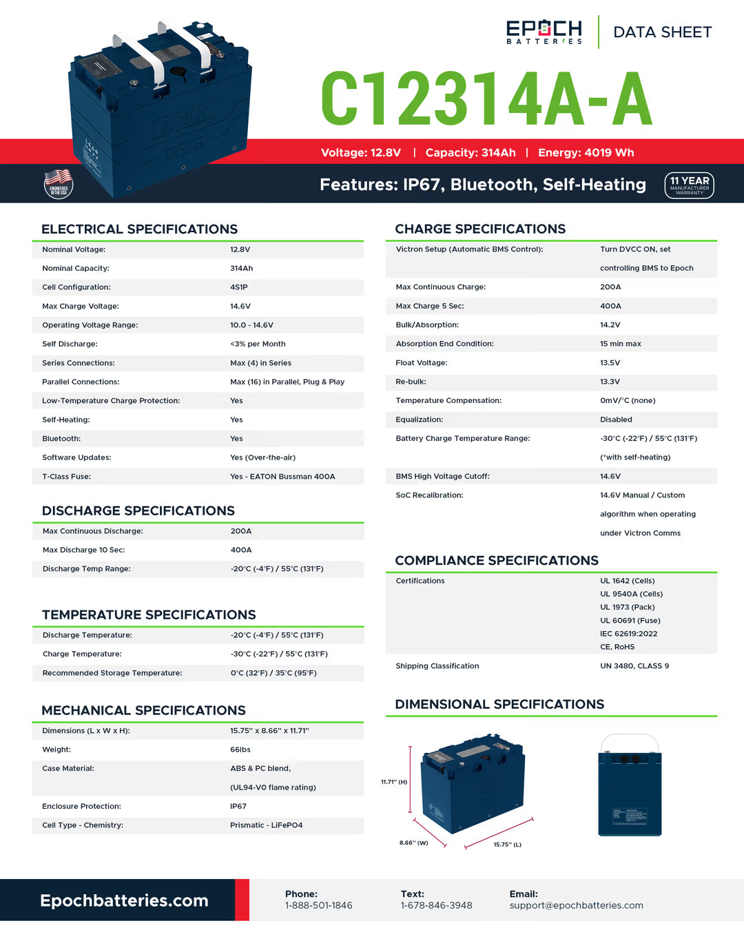 12V 314Ah V2-T Elite Series - Heated & Bluetooth & Victron Comms LiFePO4 Battery