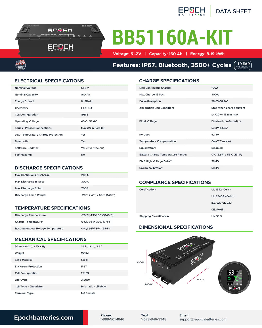 Epoch Batteries - 48V 160Ah -Lithium (LiFePO4) Golf Cart Battery - Complete Kit
