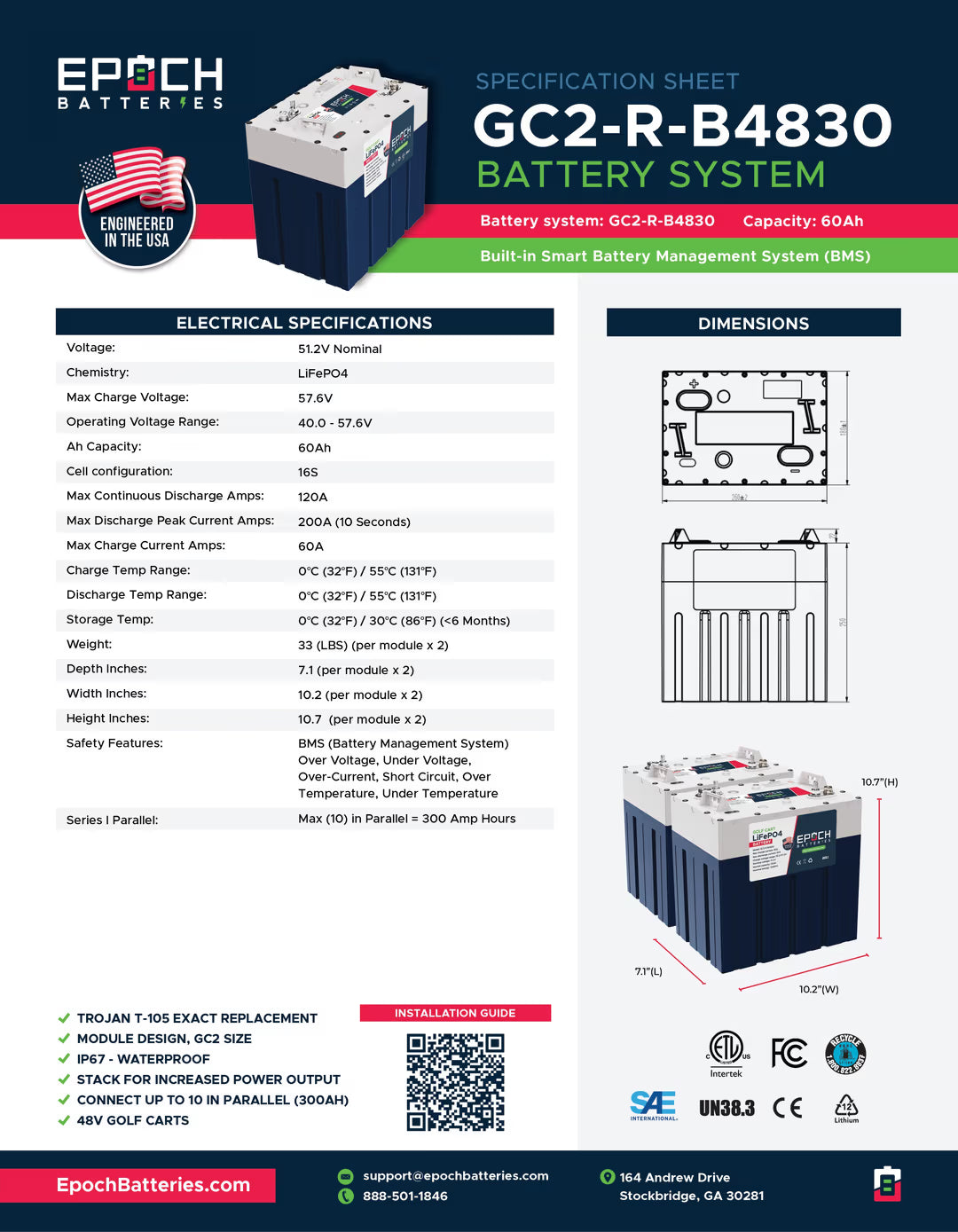 Epoch Batteries - 48V 60Ah GC2 - Golf Cart LiFePO4 Lithium Battery -Complete kit image 6