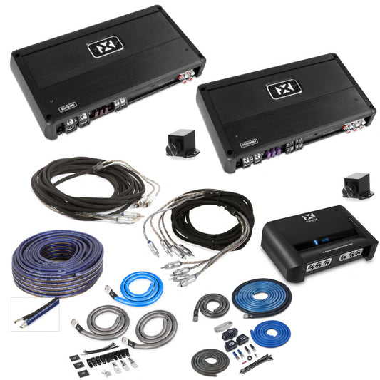 NVX 4-Channel & Mono Amp with Upgrade Kit + Capacitor Includes 4 ch Amp, 1200W Mono Amp, Amp kit, 2ch rca, 4ch rca, Speaker Wire, Big 3 kit, Capacitor