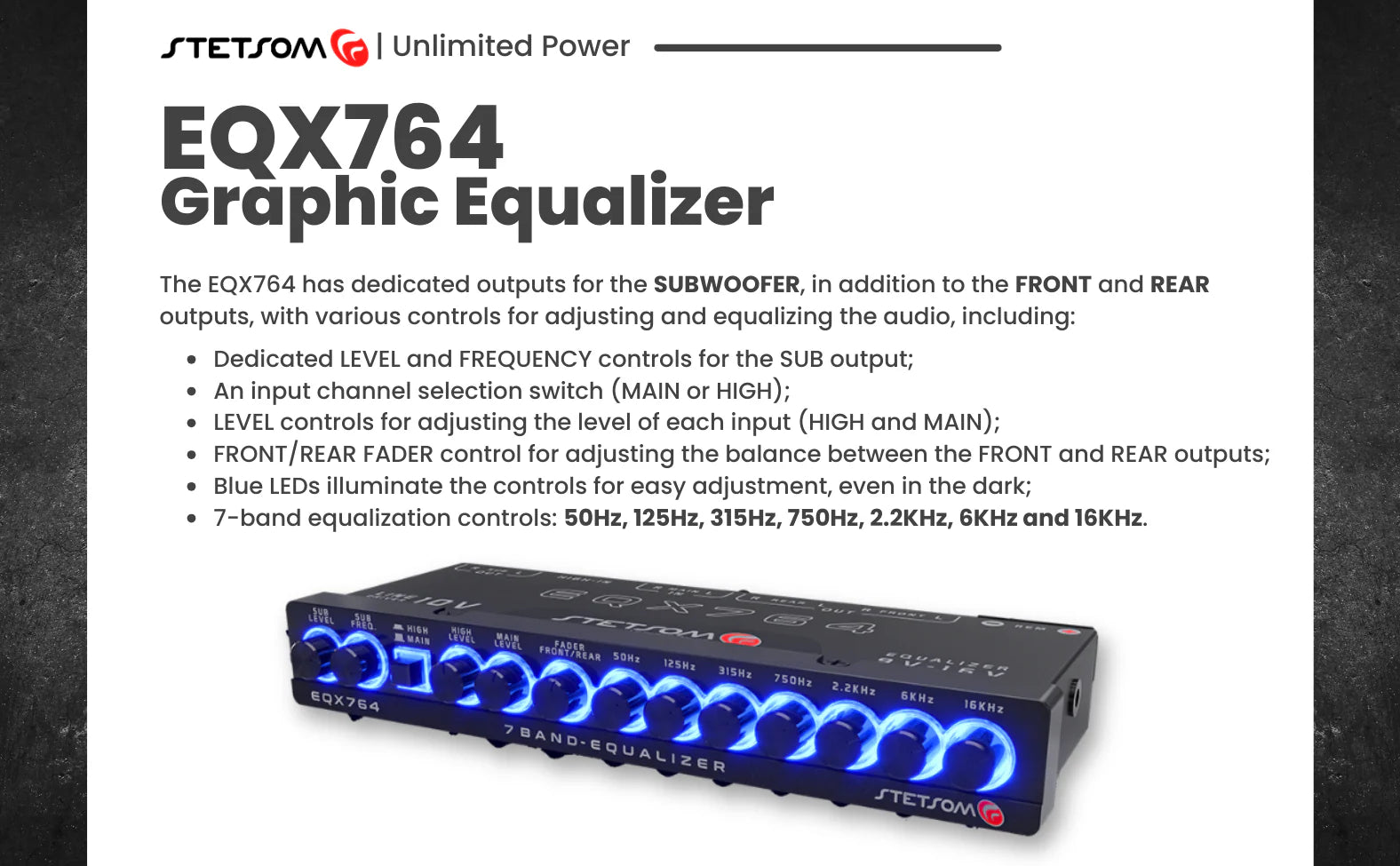 Stetsom EQX764 Graphic Equalizer 7 Band Equalization Modern Blue LED image 6