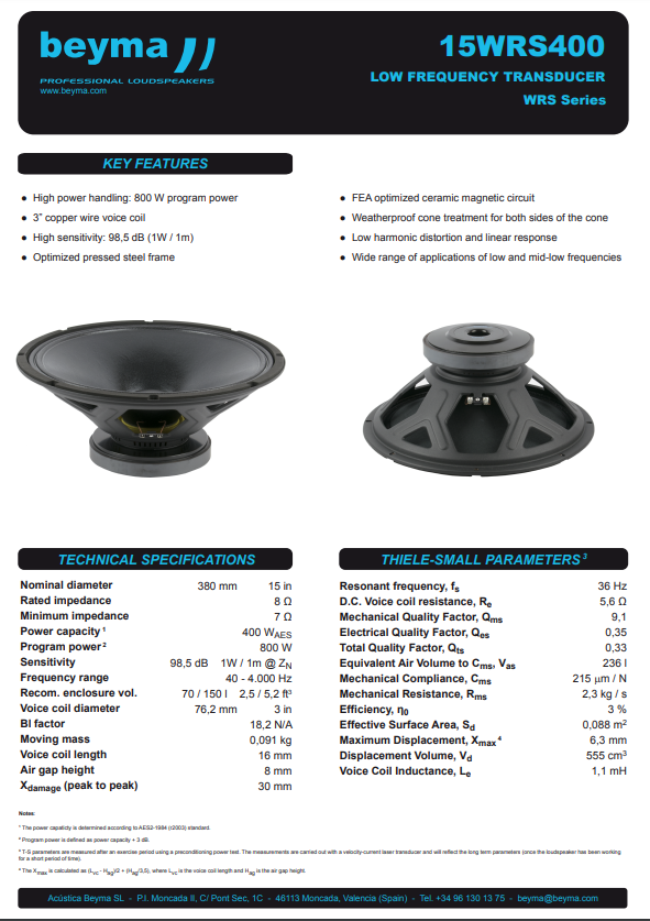 Beyma - 15WRS400 - 15"  4 Ohm MID-BASS / BASS SPEAKER HANDLES 400w Rms image 1