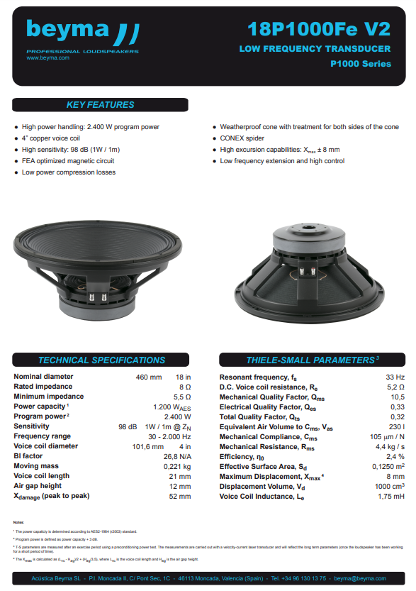 Beyma - 18P1000Fe V2-4 - 18" 1000W 4 Ohm Low &amp; Mid Freq image 1