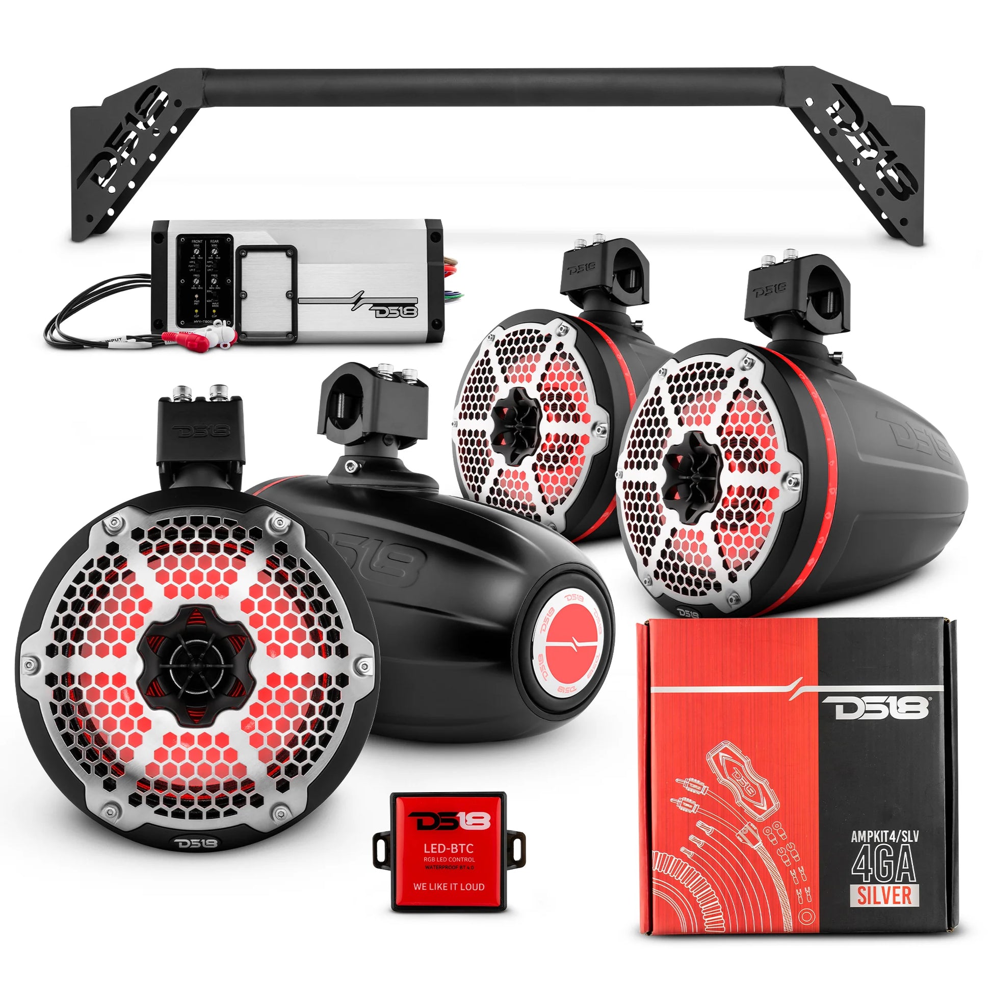 DS18 -JL-TUBEUP 4x 8" Marine Towers Speakers with RGB LED Lights, 4Ch Marine Amp image 0