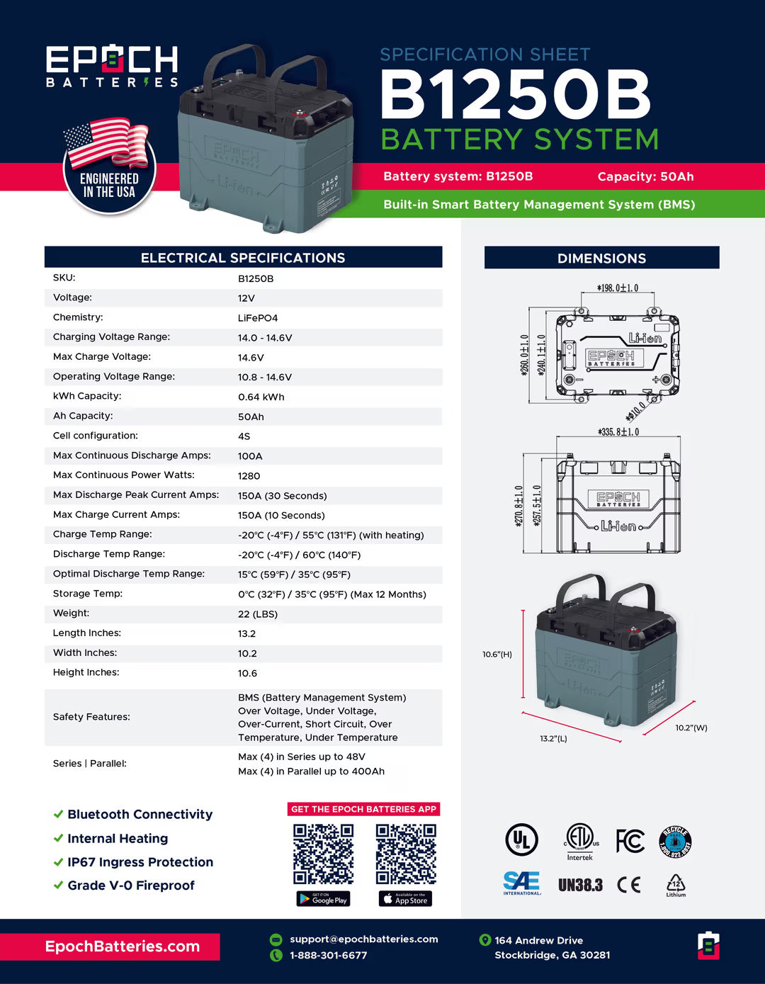 Epoch Batteries - B1250B -12V 50Ah LiFePO4 Lithium Battery - Bluetooth, Heating, image 1