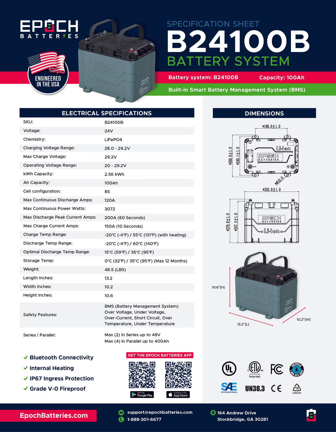 Epoch Batteries - B24100A-24V 100Ah LiFePO4  - Heated & Bluetooth - Lithium Batt image 6