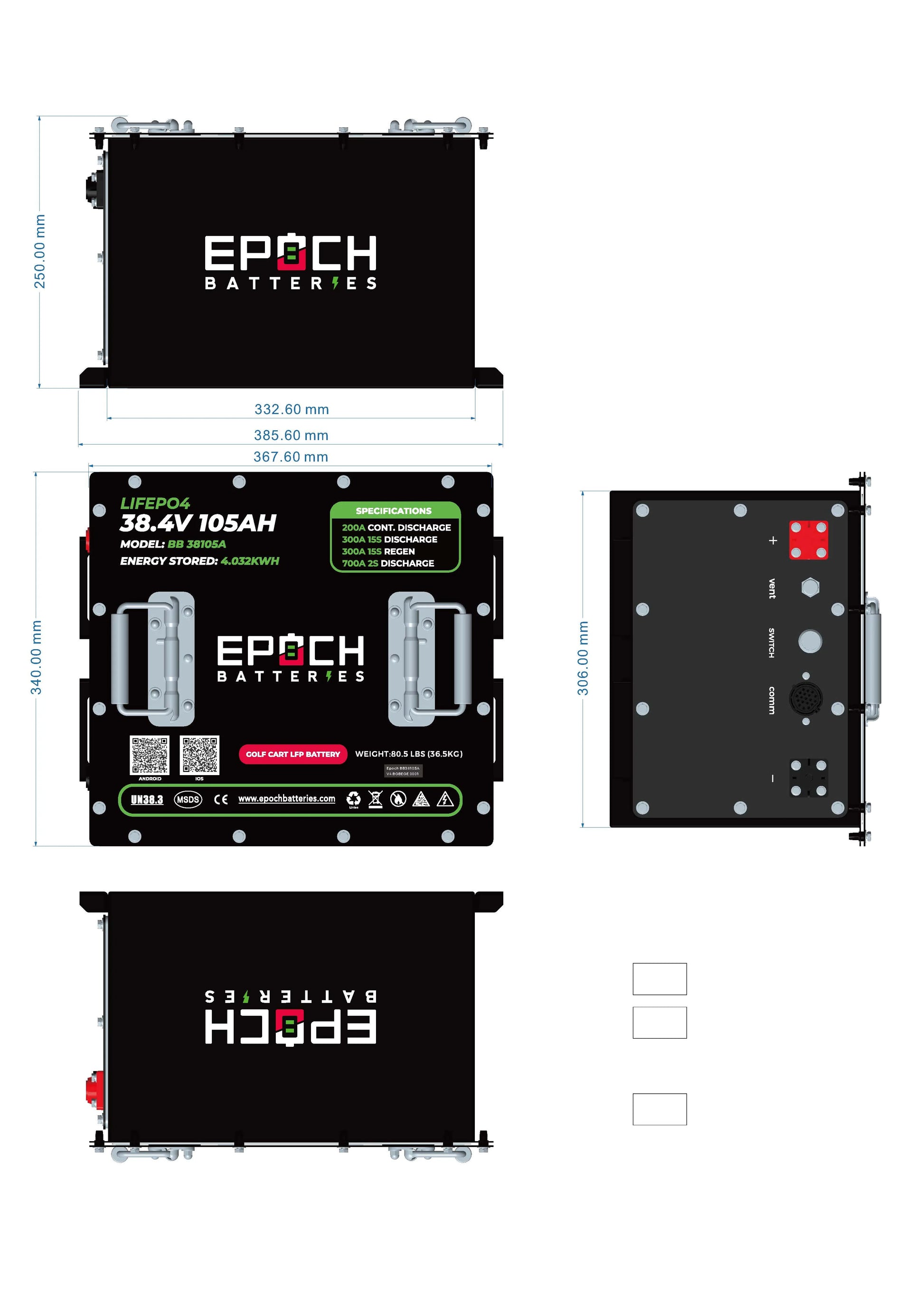 Epoch Batteries -70.4V (72V) 105ah - LiFePO4 Golf Cart Battery - Complete Kit image 5