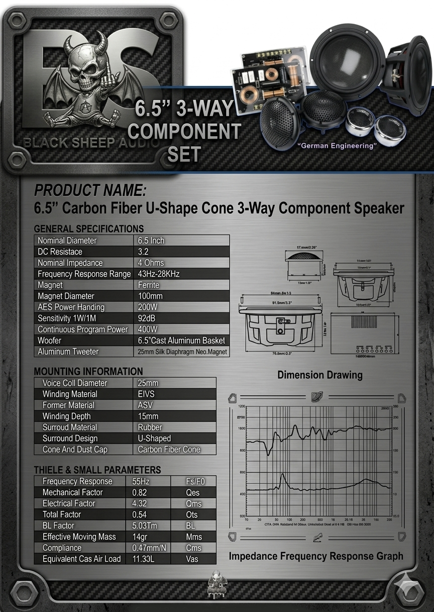 Black Sheep Audio | BSA-6.5SQ3 | 6.5" Carbon Fiber Series 3 way | 200w Rms