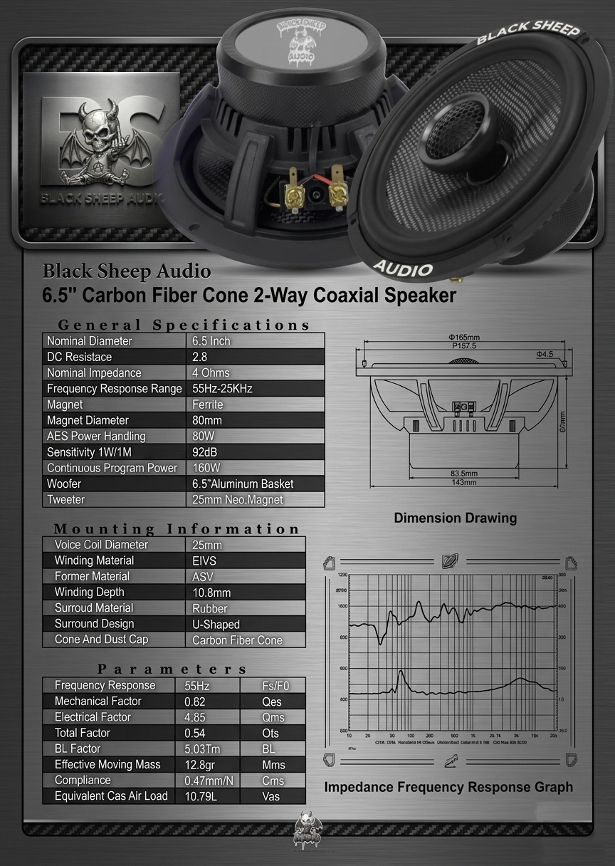 Black Sheep Audio | BSA-6.5CCF | 6.5" Carbon Series Coaxial | 80w Rms