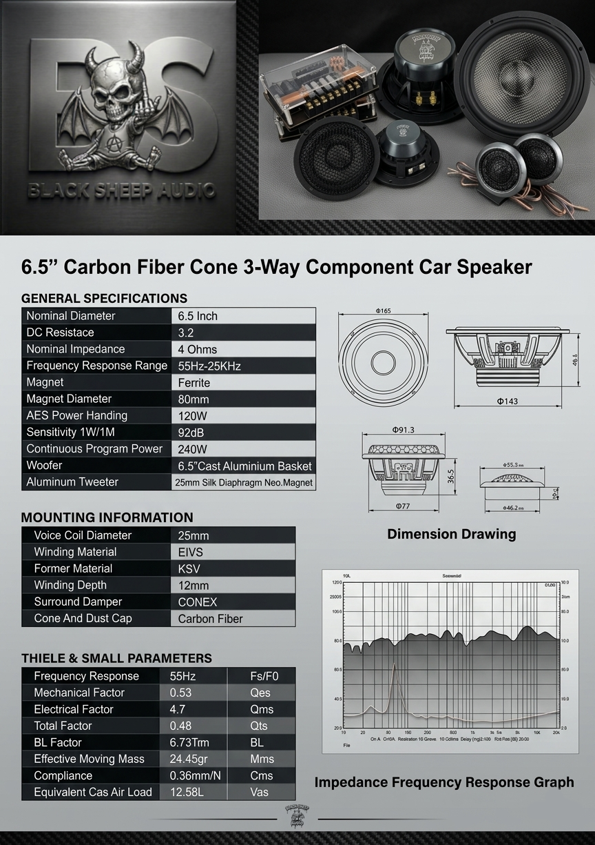 Black Sheep Audio | BSA-6.5CF2 | 6.5" Carbon Fiber Series 3 way | 120w Rms