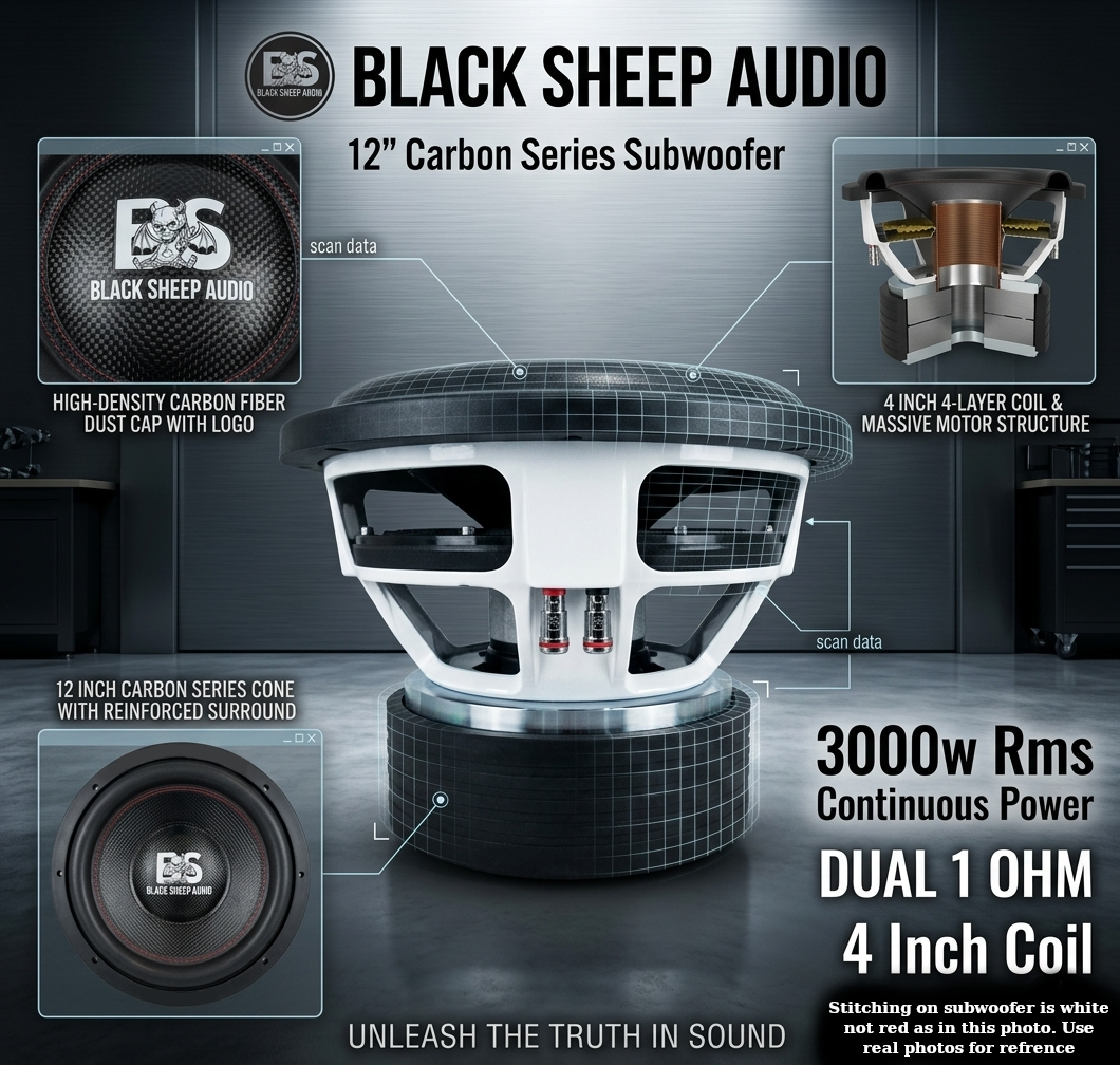 Black Sheep Audio | 12" Carbon Series Subwoofer | 3000w Rms | Dual 1 Ohm | 4 Inch Coil