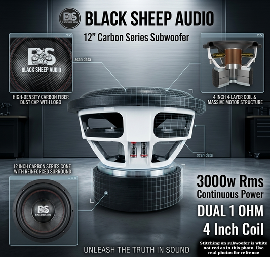 Black Sheep Audio | 12" Carbon Series Subwoofer | 3000w Rms | Dual 1 Ohm | 4 Inch Coil