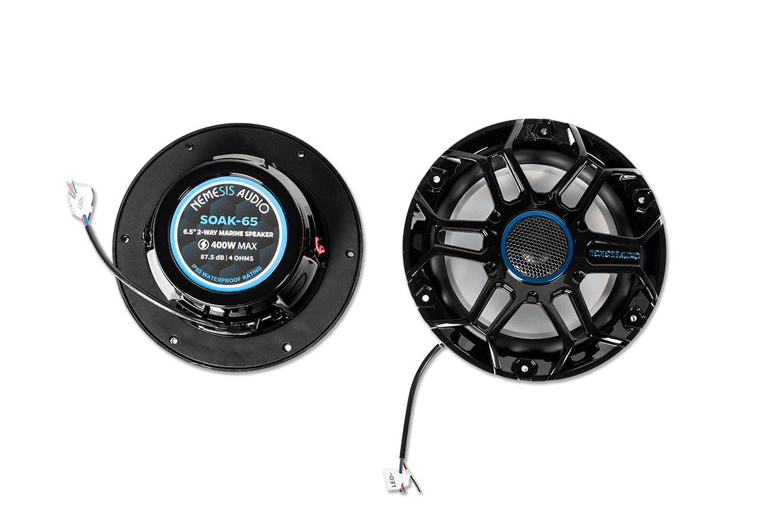 Nemesis Audio - SOAK-65 - 6.5″ 2-way marine (boat) speakers, 200W RMS / 400W peak. IP65 water-resistant with RGB lights.