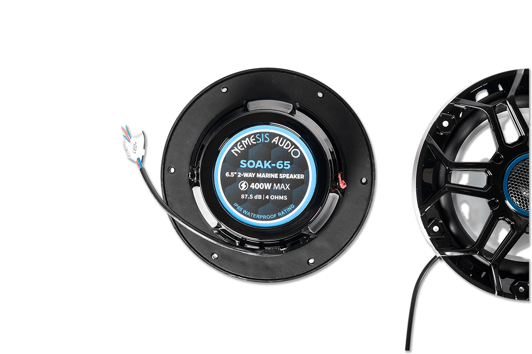 Nemesis Audio - SOAK-65 - 6.5″ 2-way marine (boat) speakers, 200W RMS / 400W peak. IP65 water-resistant with RGB lights.