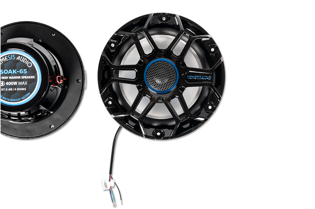 Nemesis Audio - SOAK-65 - 6.5″ 2-way marine (boat) speakers, 200W RMS / 400W peak. IP65 water-resistant with RGB lights.