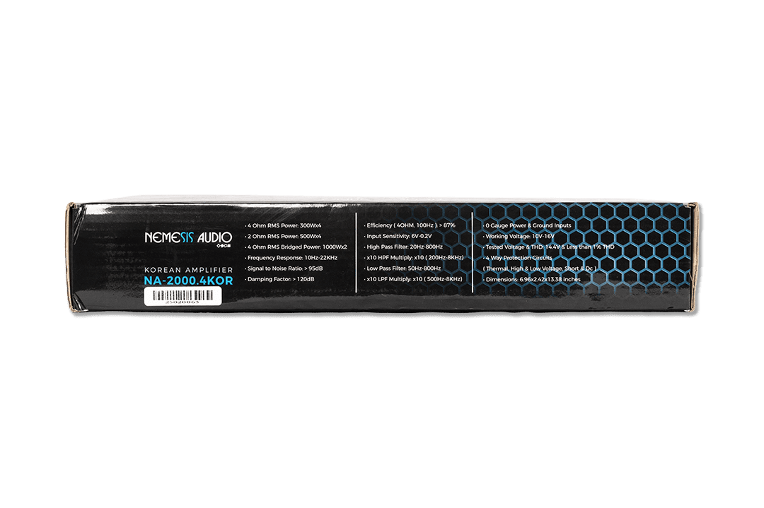 Nemesis Audio -  NA-2000.4KOR Korean made 4-channel amplifier. 500W x4 @2-Ohm / 1000W x2 bridged. compact, efficient, with protection.