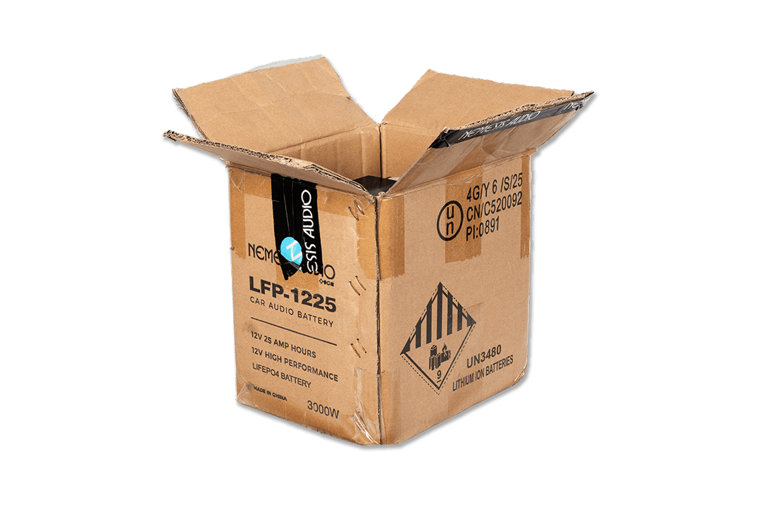 Nemesis Audio | LFP-1225 | 12V | 25Ah | LiFePO4 battery, 3000W rating. Compact, lightweight, UN3480 certified power source.